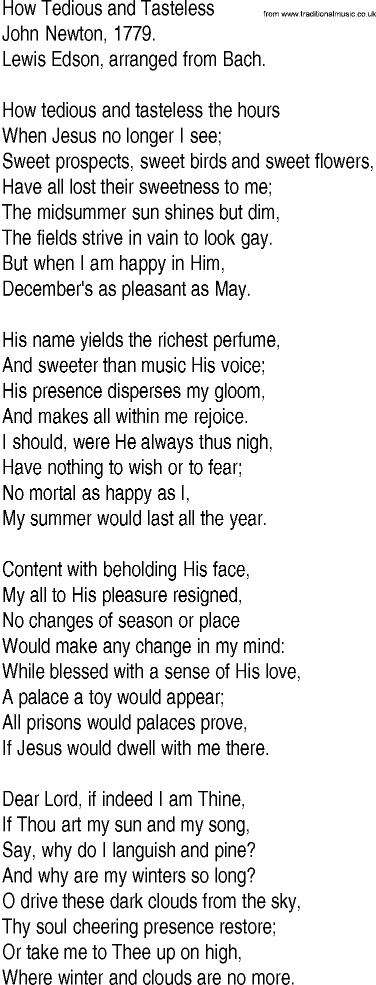 Hymn and Gospel Song: How Tedious and Tasteless by John Newton lyrics