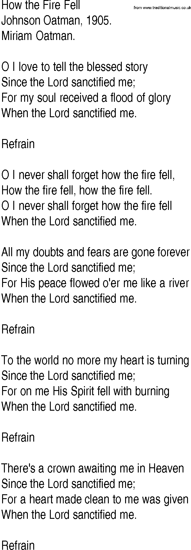 Hymn and Gospel Song: How the Fire Fell by Johnson Oatman lyrics