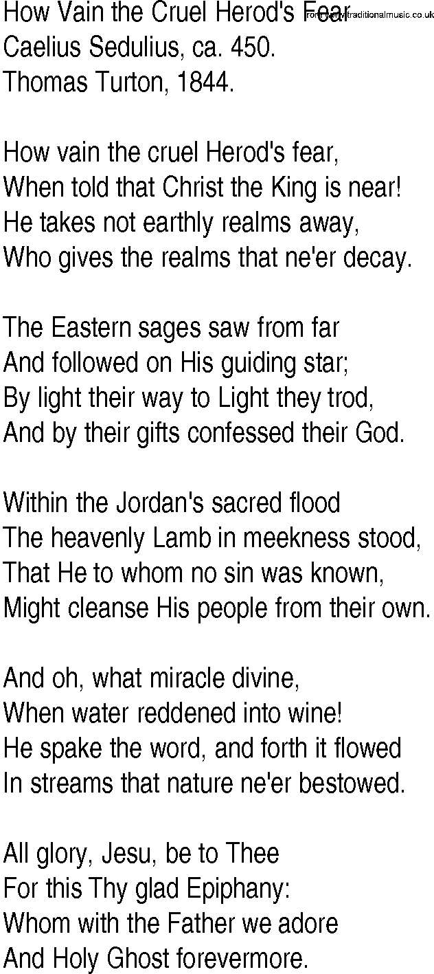 Hymn and Gospel Song: How Vain the Cruel Herod's Fear by Caelius Sedulius ca lyrics