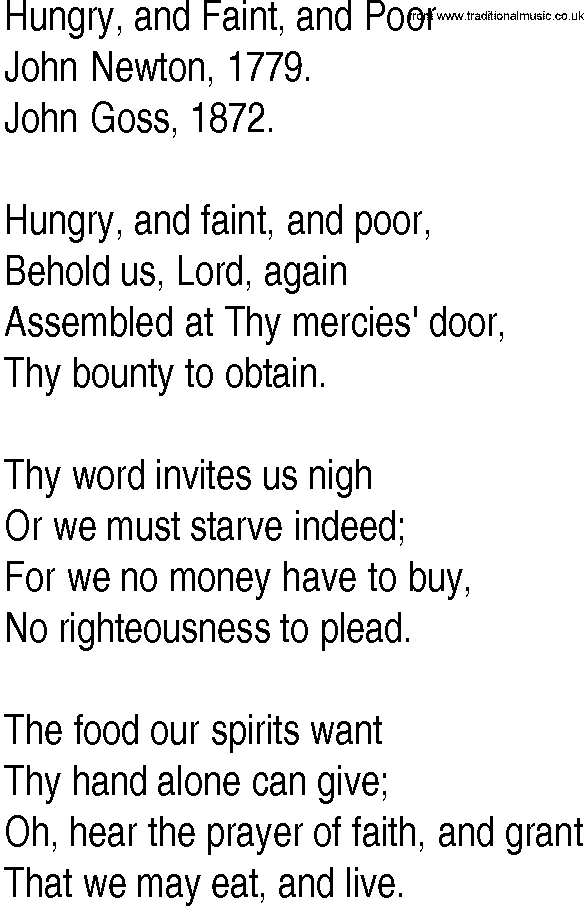 Hymn and Gospel Song: Hungry, and Faint, and Poor by John Newton lyrics