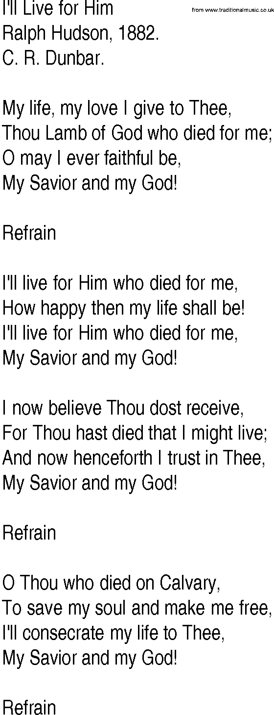 Hymn and Gospel Song: I'll Live for Him by Ralph Hudson lyrics
