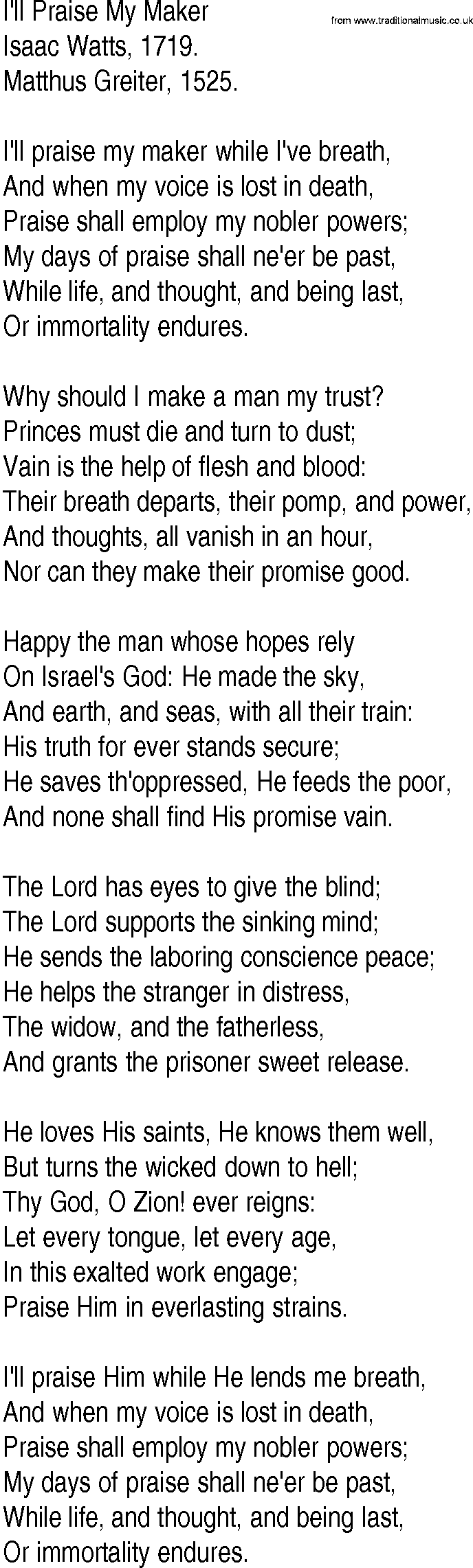 Hymn and Gospel Song: I'll Praise My Maker by Isaac Watts lyrics
