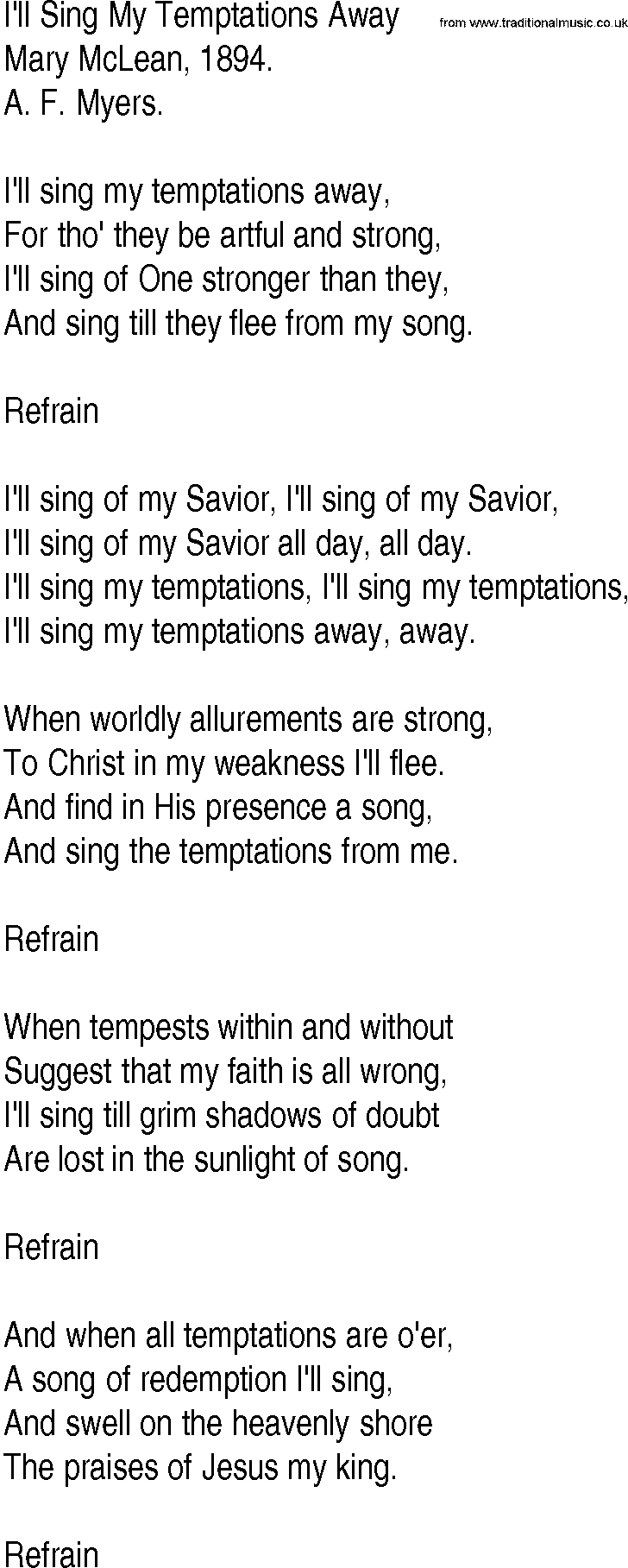 Hymn and Gospel Song: I'll Sing My Temptations Away by Mary McLean lyrics