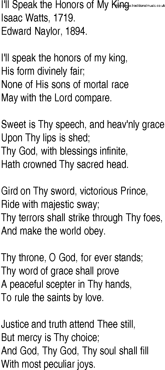 Hymn and Gospel Song: I'll Speak the Honors of My King by Isaac Watts lyrics