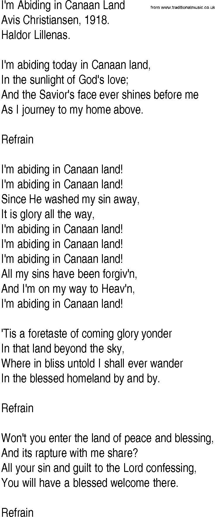 Hymn and Gospel Song: I'm Abiding in Canaan Land by Avis Christiansen lyrics