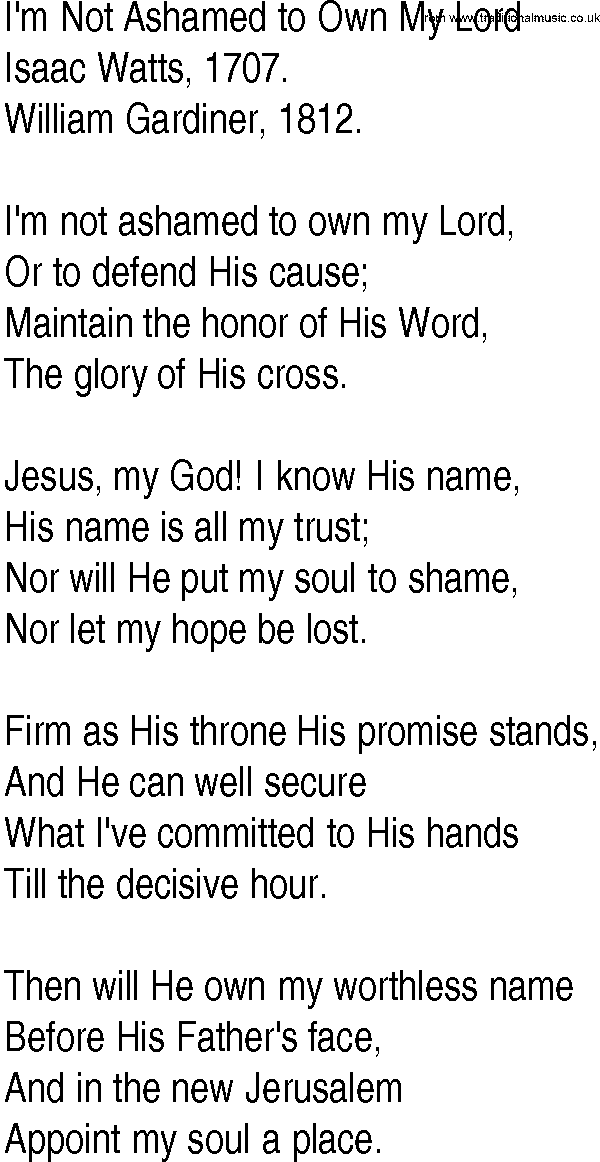 Hymn and Gospel Song: I'm Not Ashamed to Own My Lord by Isaac Watts lyrics
