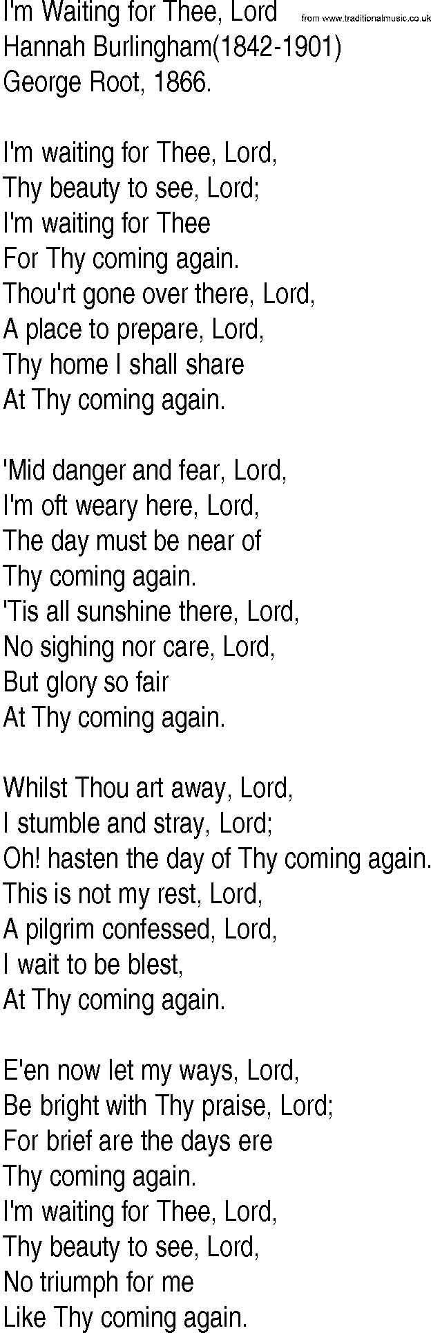 Hymn and Gospel Song: I'm Waiting for Thee, Lord by Hannah Burlingham lyrics