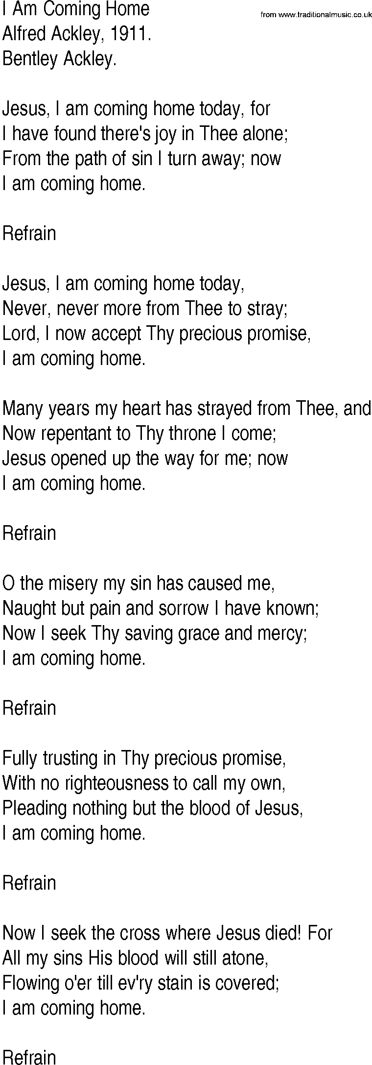 Hymn and Gospel Song: I Am Coming Home by Alfred Ackley lyrics