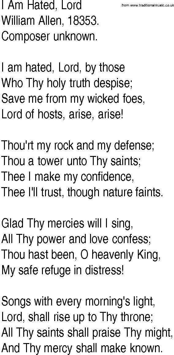 Hymn and Gospel Song: I Am Hated, Lord by William Allen lyrics