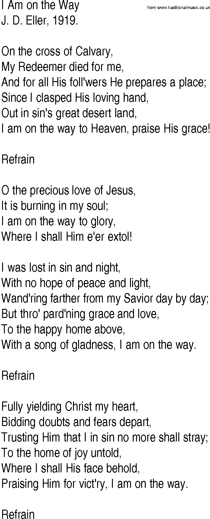 Hymn and Gospel Song: I Am on the Way by J D Eller lyrics