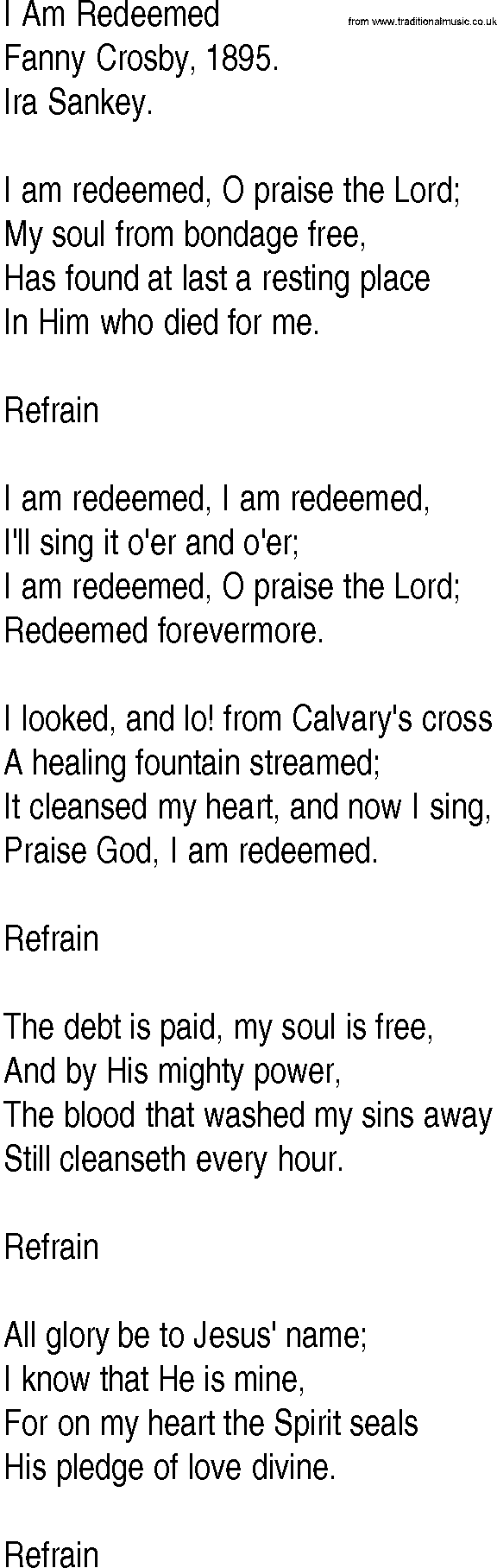 Hymn and Gospel Song: I Am Redeemed by Fanny Crosby lyrics