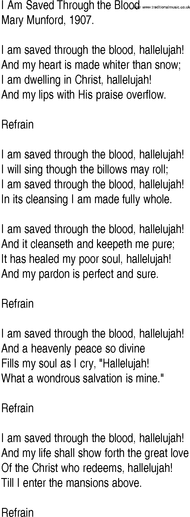 Hymn and Gospel Song: I Am Saved Through the Blood by Mary Munford lyrics