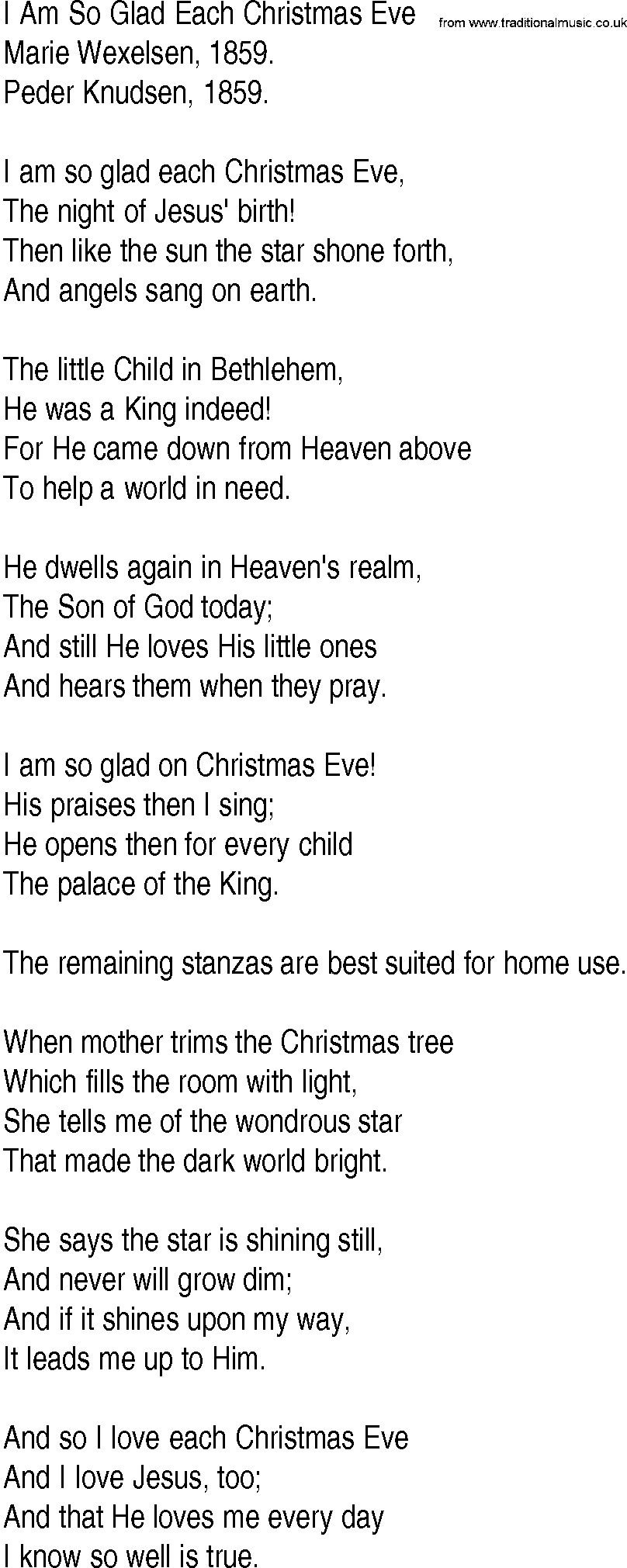 Hymn and Gospel Song: I Am So Glad Each Christmas Eve by Marie Wexelsen lyrics