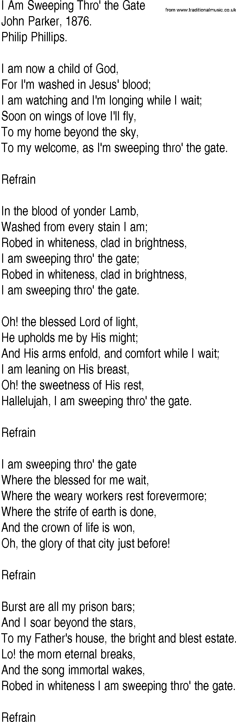 Hymn and Gospel Song: I Am Sweeping Thro' the Gate by John Parker lyrics