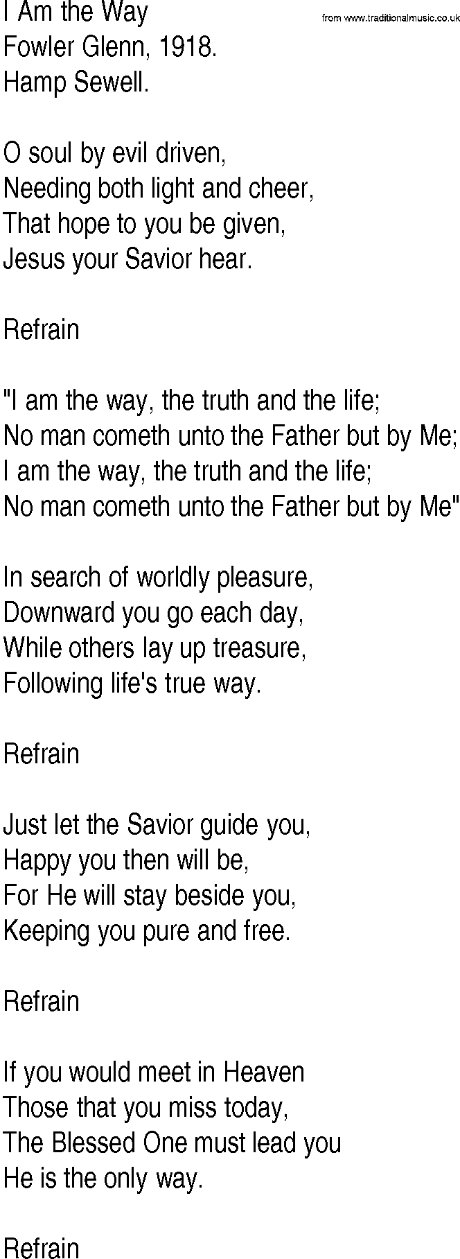 Hymn and Gospel Song: I Am the Way by Fowler Glenn lyrics