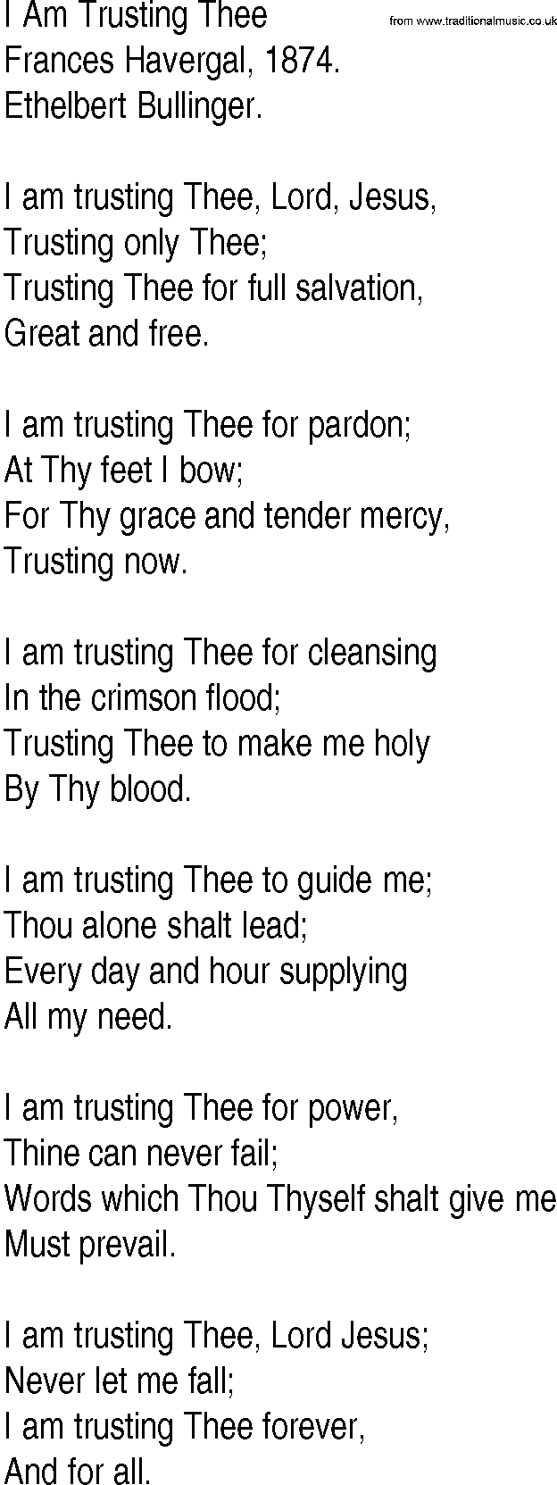 Hymn and Gospel Song: I Am Trusting Thee by Frances Havergal lyrics