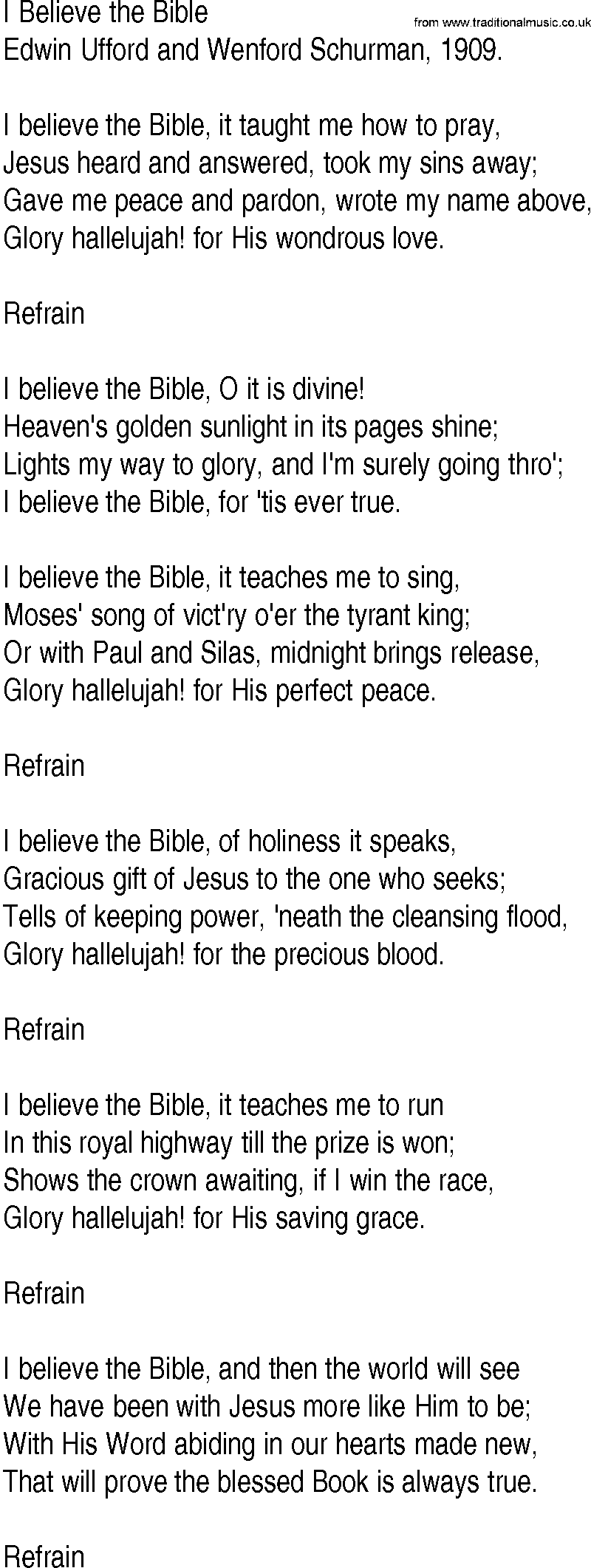 Hymn and Gospel Song: I Believe the Bible by Edwin Ufford and Wenford Schurman lyrics