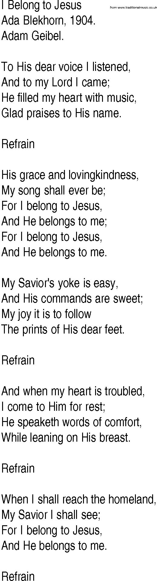 Hymn and Gospel Song: I Belong to Jesus by Ada Blekhorn lyrics