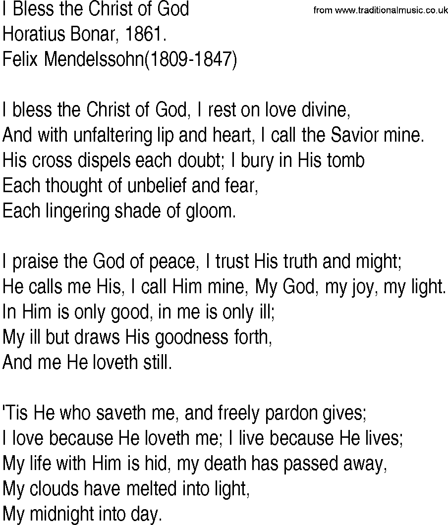 Hymn and Gospel Song: I Bless the Christ of God by Horatius Bonar lyrics