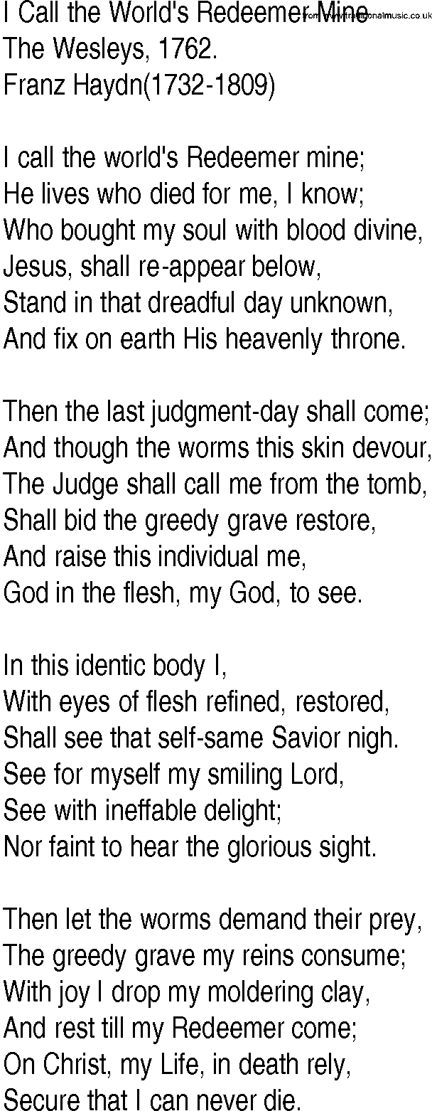 Hymn and Gospel Song: I Call the World's Redeemer Mine by The Wesleys lyrics