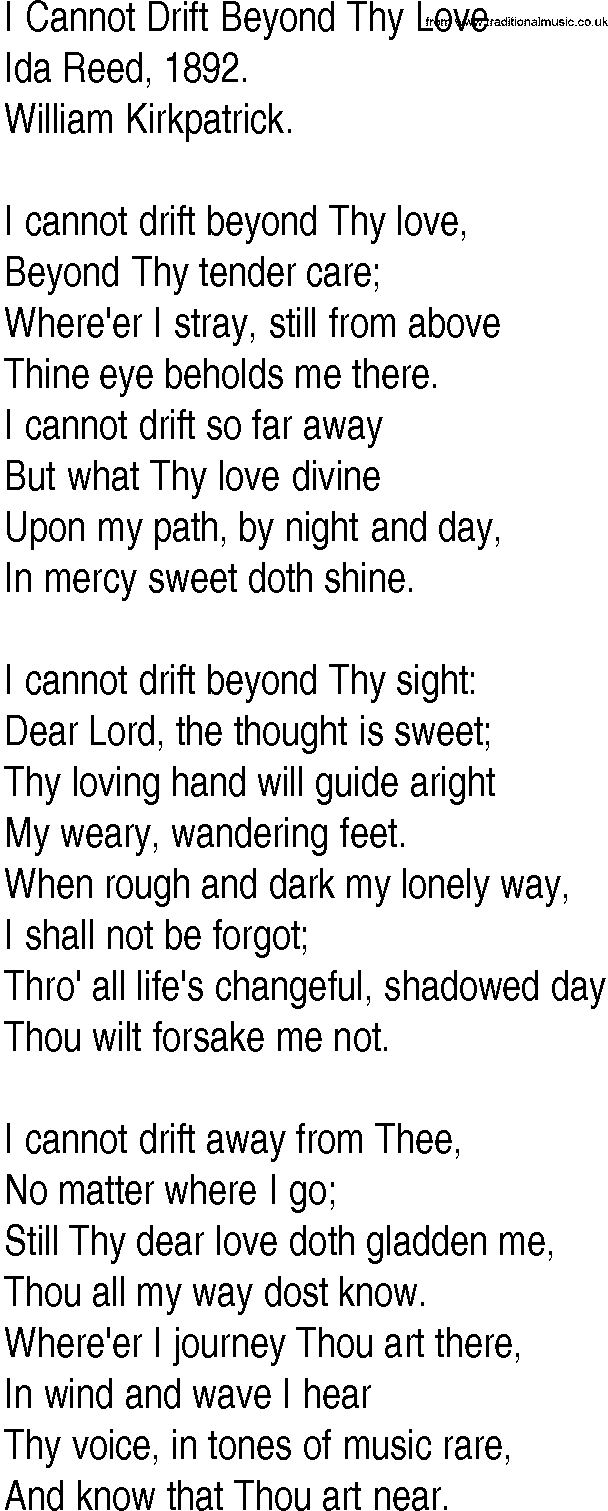 Hymn and Gospel Song: I Cannot Drift Beyond Thy Love by Ida Reed lyrics