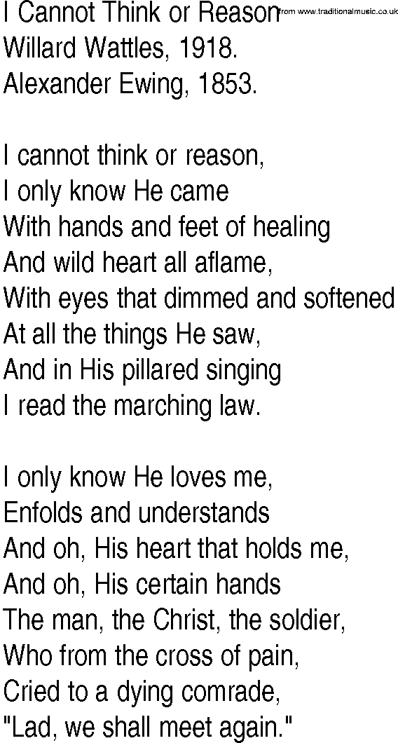 Hymn and Gospel Song: I Cannot Think or Reason by Willard Wattles lyrics
