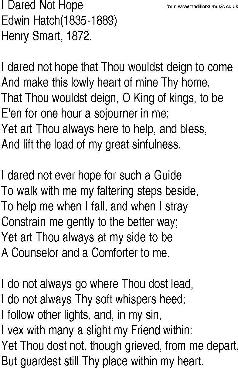 Hymn and Gospel Song: I Dared Not Hope by Edwin Hatch lyrics
