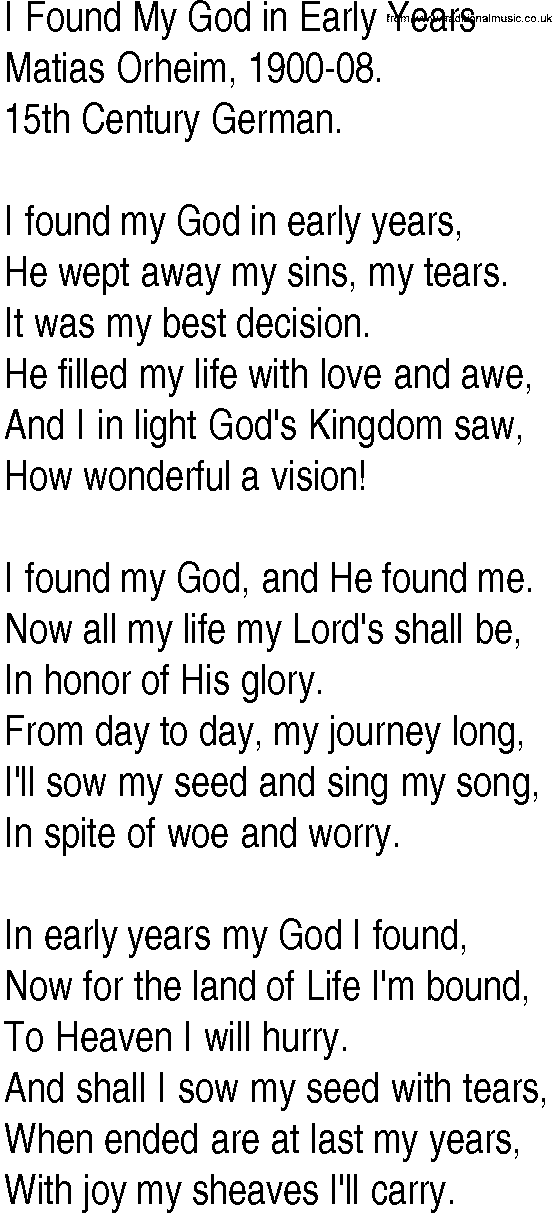 Hymn and Gospel Song: I Found My God in Early Years by Matias Orheim lyrics