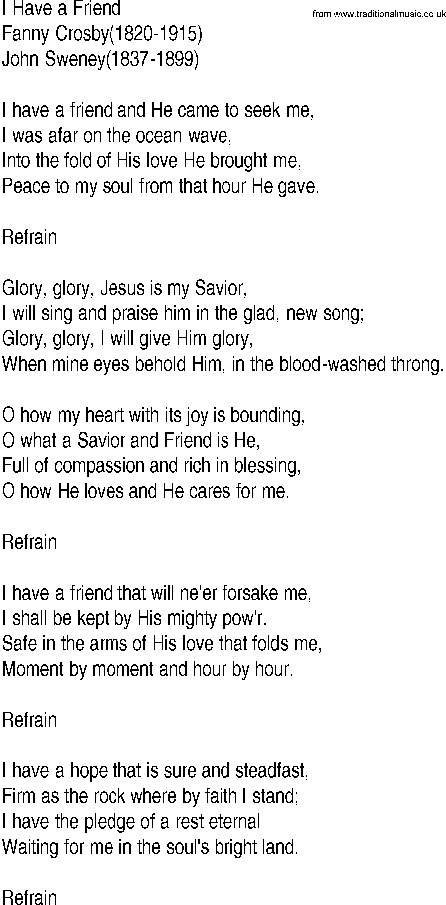 Hymn and Gospel Song: I Have a Friend by Fanny Crosby lyrics