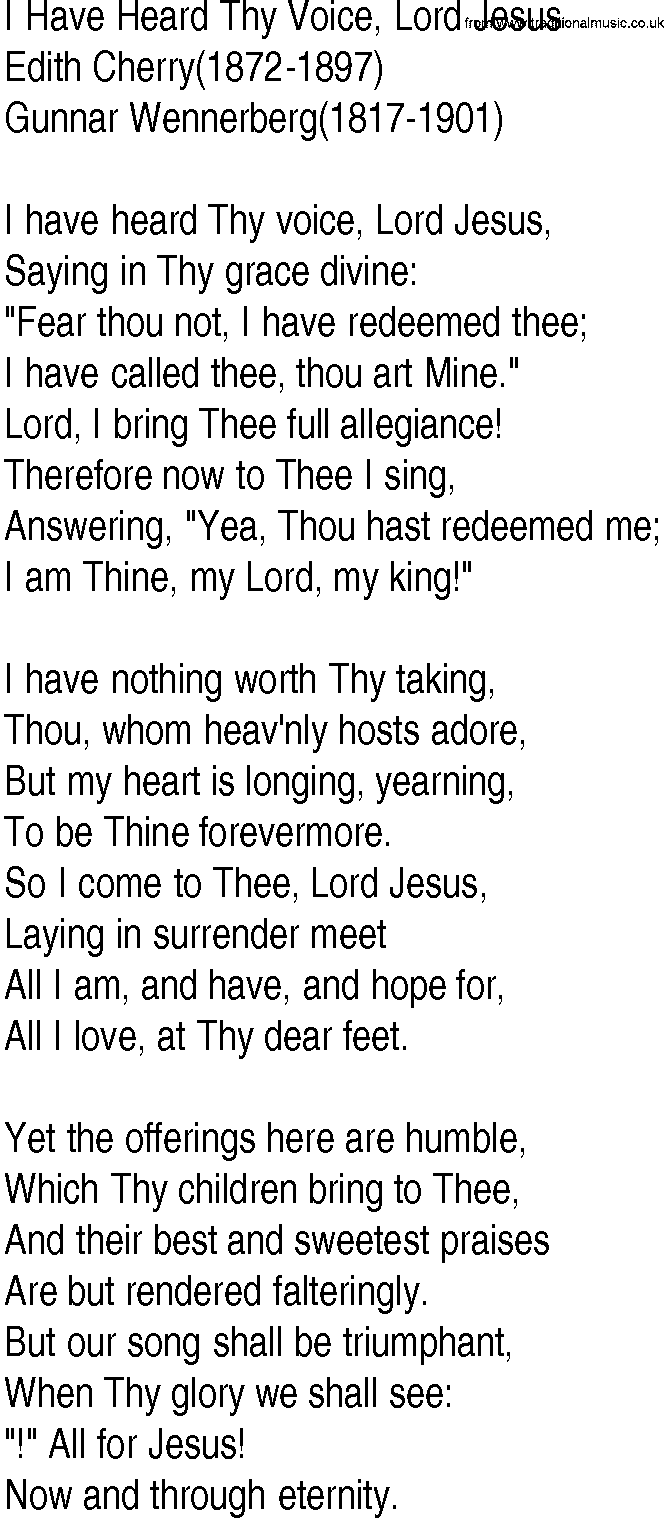 Hymn and Gospel Song: I Have Heard Thy Voice, Lord Jesus by Edith Cherry lyrics