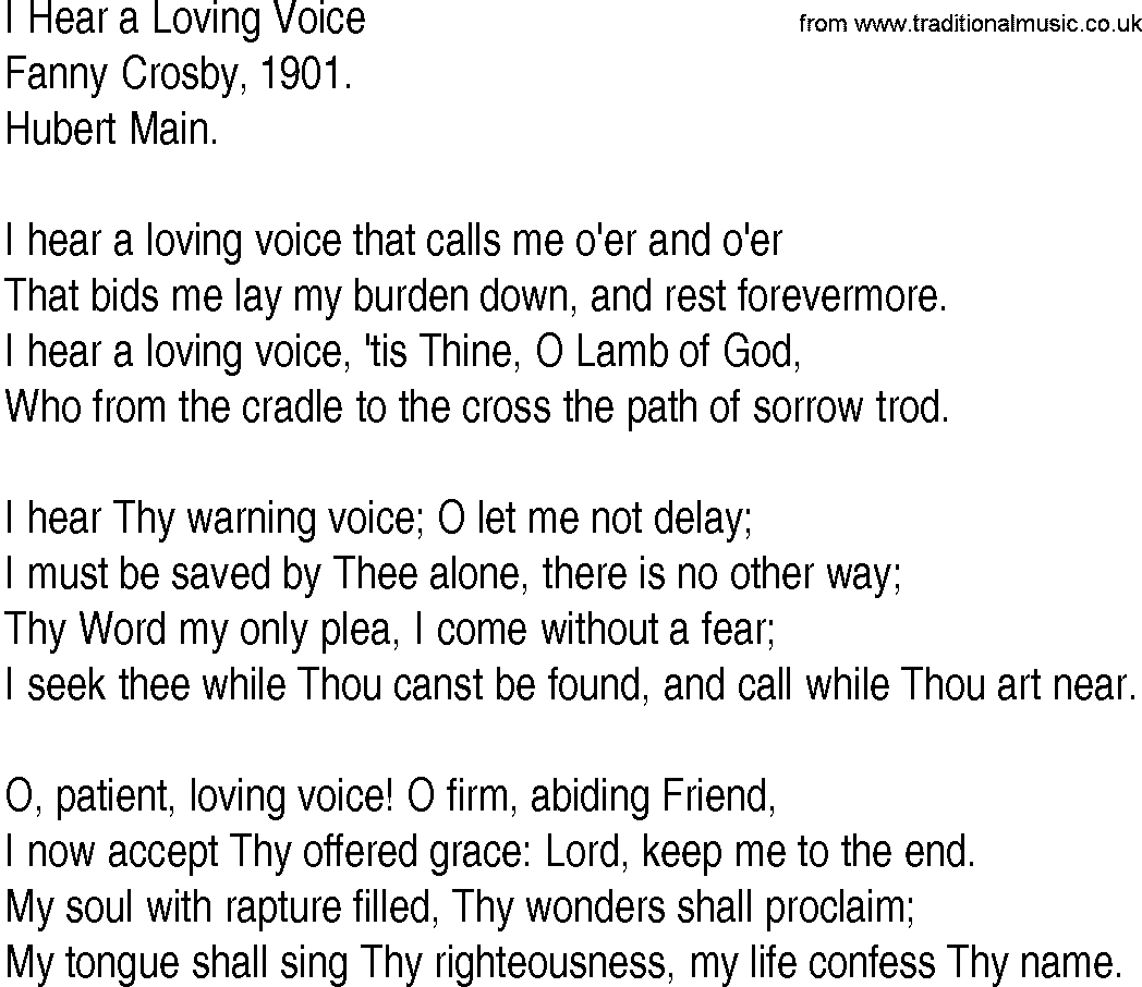Hymn and Gospel Song: I Hear a Loving Voice by Fanny Crosby lyrics
