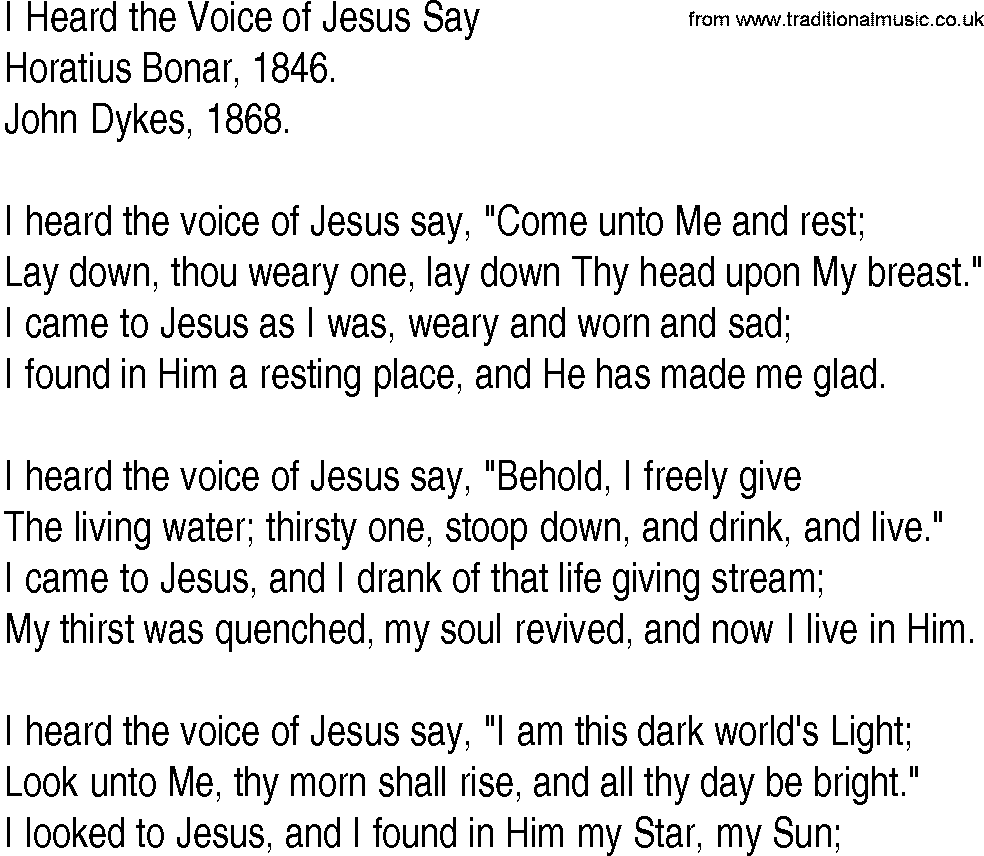 Hymn and Gospel Song: I Heard the Voice of Jesus Say by Horatius Bonar lyrics