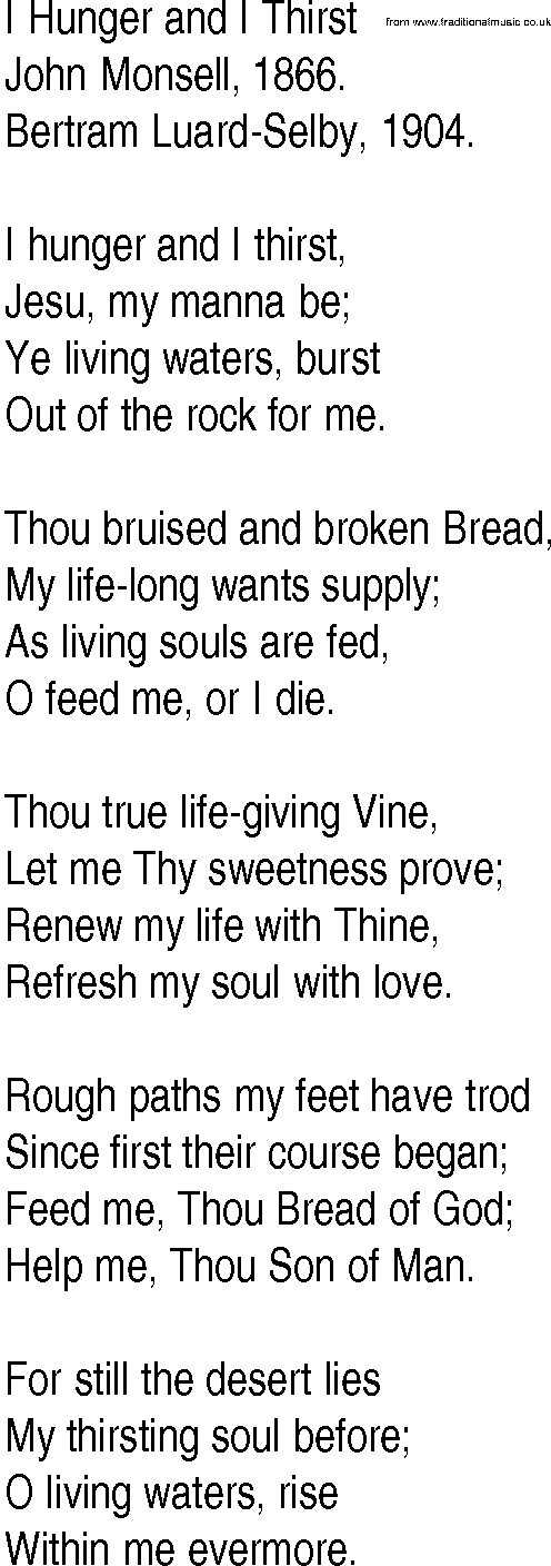 Hymn and Gospel Song: I Hunger and I Thirst by John Monsell lyrics