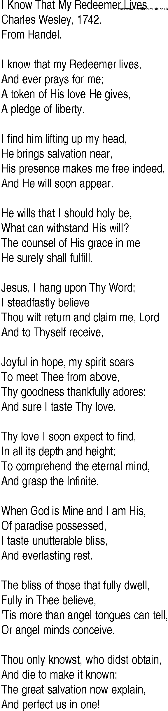 Hymn and Gospel Song: I Know That My Redeemer Lives by Charles Wesley lyrics