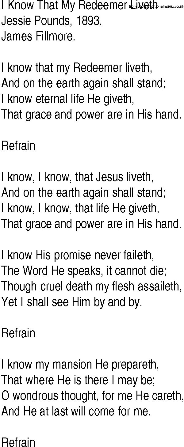 Hymn and Gospel Song: I Know That My Redeemer Liveth by Jessie Pounds lyrics