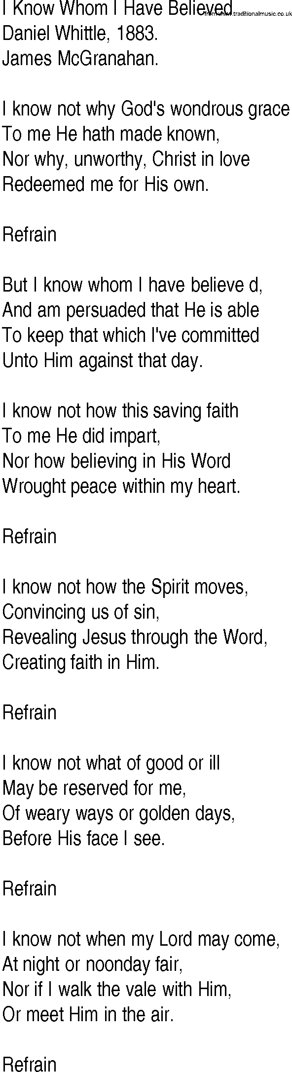 Hymn and Gospel Song: I Know Whom I Have Believed by Daniel Whittle lyrics