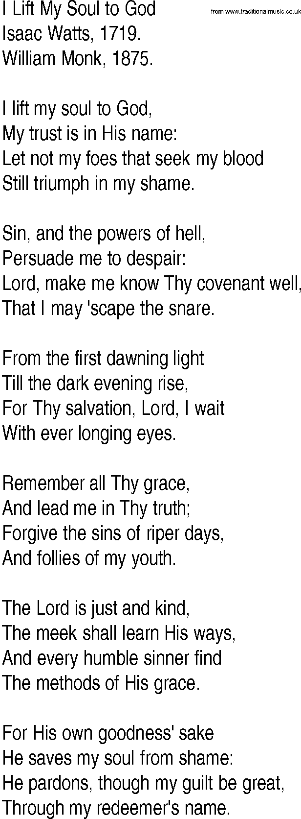 Hymn and Gospel Song: I Lift My Soul to God by Isaac Watts lyrics