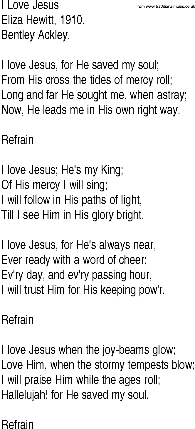 Hymn and Gospel Song: I Love Jesus by Eliza Hewitt lyrics