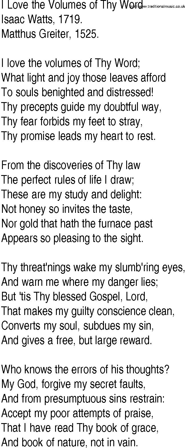 Hymn and Gospel Song: I Love the Volumes of Thy Word by Isaac Watts lyrics