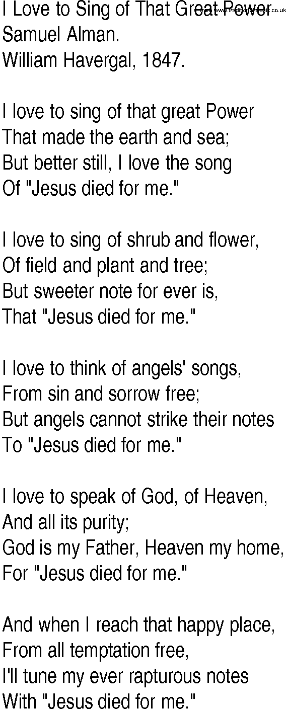 Hymn and Gospel Song: I Love to Sing of That Great Power by Samuel Alman lyrics