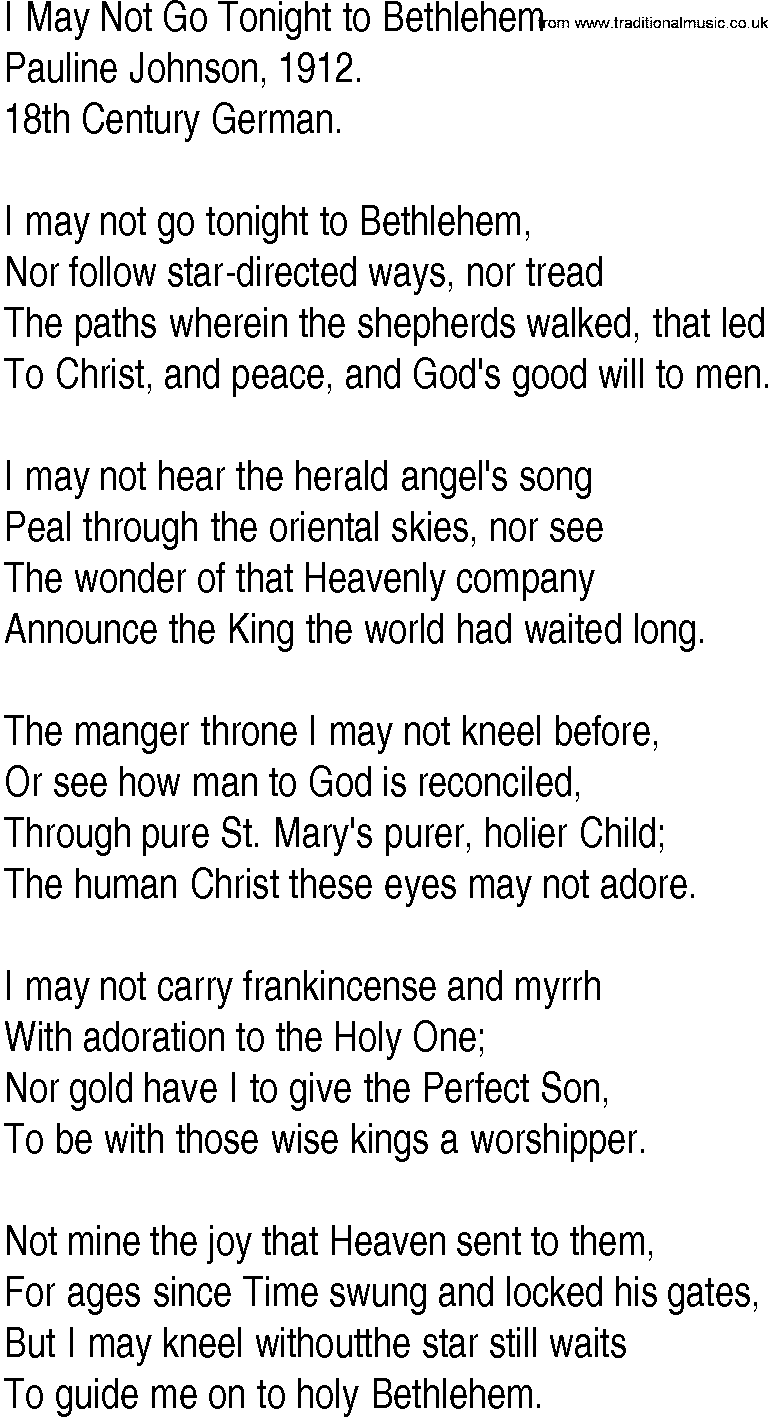 Hymn and Gospel Song: I May Not Go Tonight to Bethlehem by Pauline Johnson lyrics