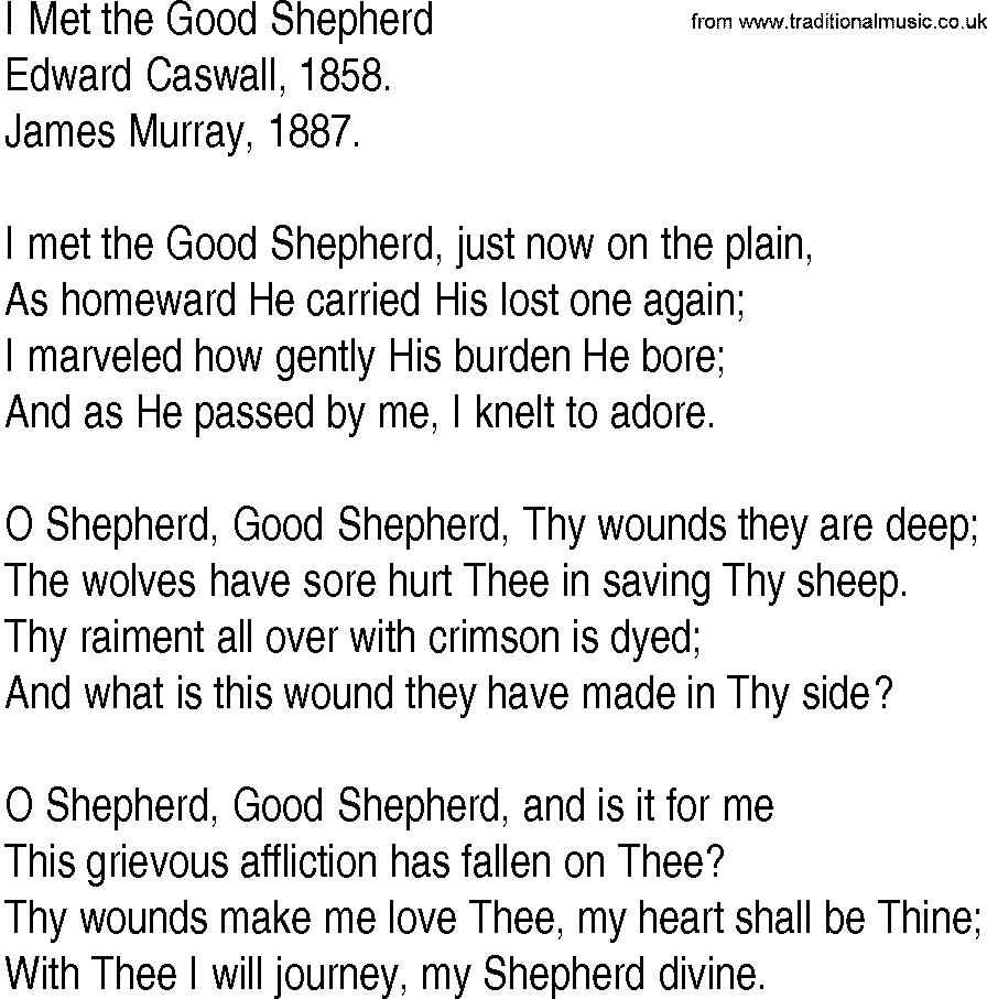 Hymn and Gospel Song: I Met the Good Shepherd by Edward Caswall lyrics