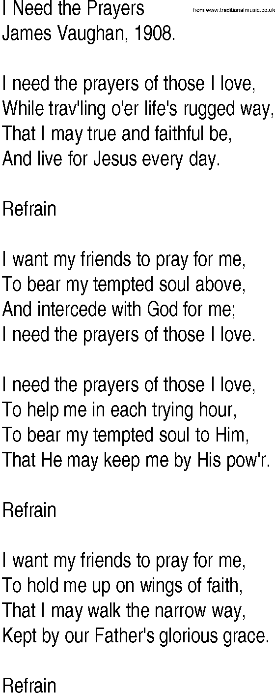 Hymn and Gospel Song: I Need the Prayers by James Vaughan lyrics