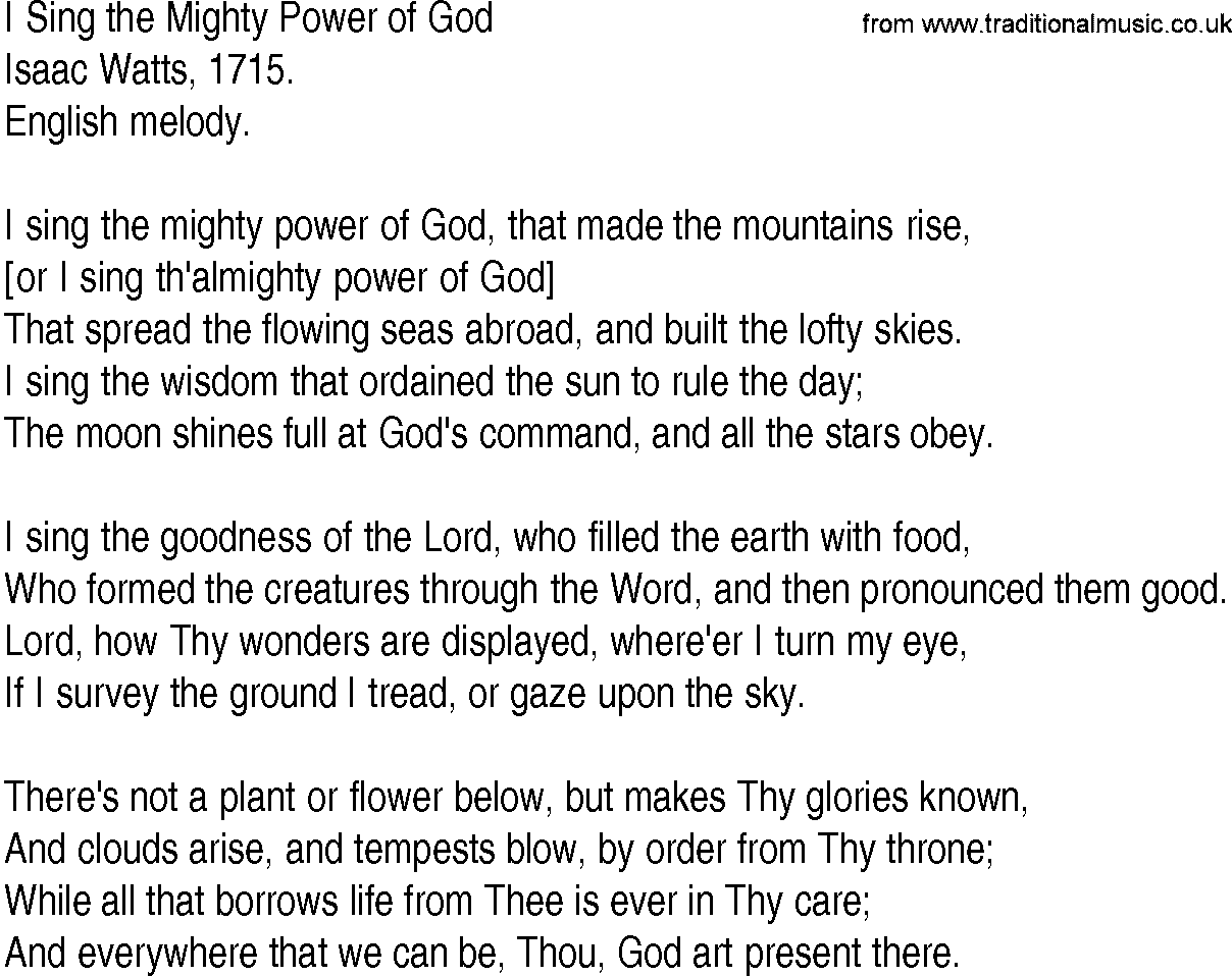 Hymn and Gospel Song: I Sing the Mighty Power of God by Isaac Watts lyrics