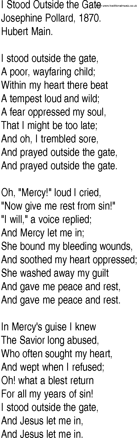 Hymn and Gospel Song: I Stood Outside the Gate by Josephine Pollard lyrics