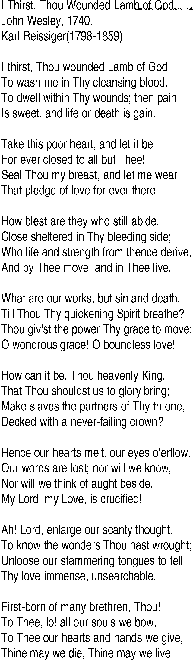 Hymn and Gospel Song: I Thirst, Thou Wounded Lamb of God by John Wesley lyrics