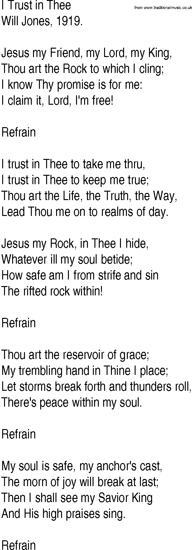 Hymn and Gospel Song: I Trust in Thee by Will Jones lyrics