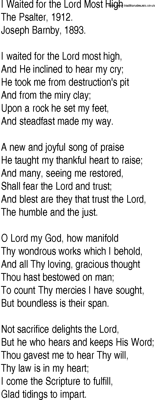 Hymn and Gospel Song: I Waited for the Lord Most High by The Psalter lyrics