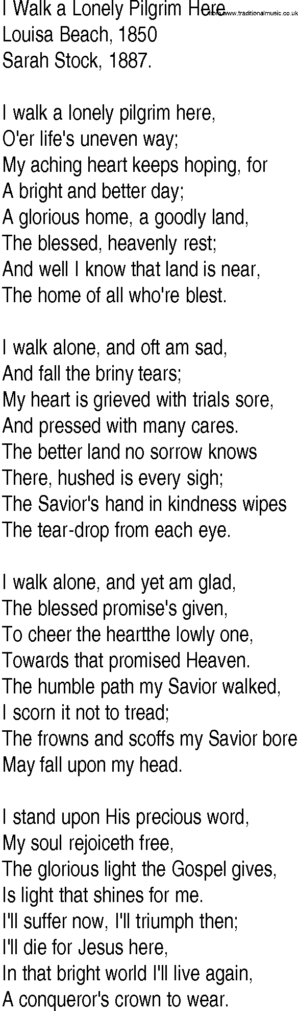 Hymn and Gospel Song: I Walk a Lonely Pilgrim Here by Louisa Beach lyrics