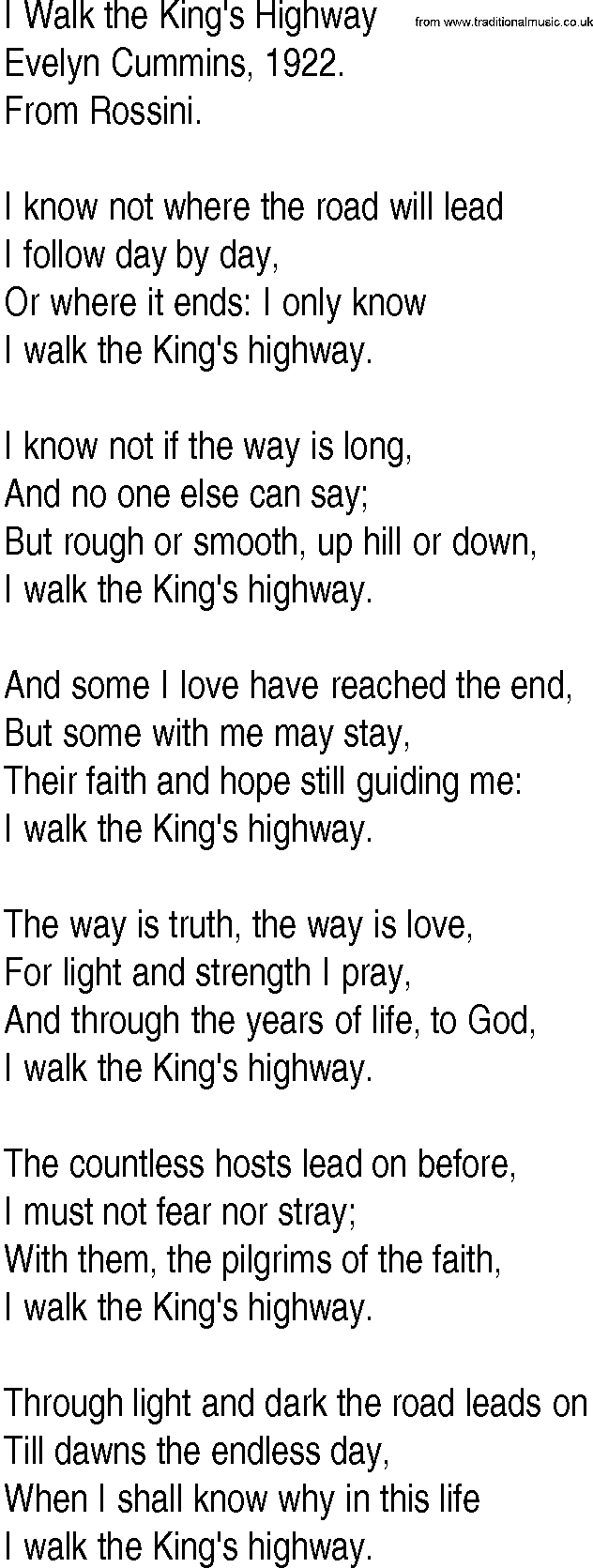 Hymn and Gospel Song: I Walk the King's Highway by Evelyn Cummins lyrics